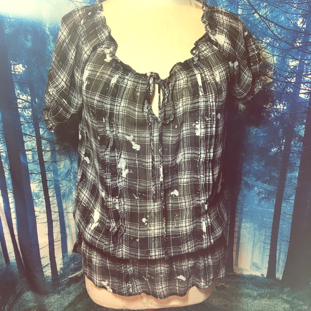 Miley & Max B&W Splatter Plaid Blouse